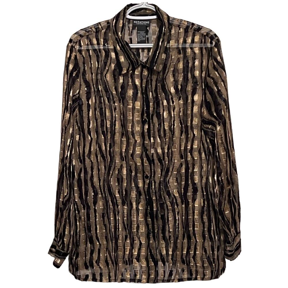 Notations‎ Women's Black Gold Sparkle Long Sleeve Button Front Blouse Size XL
